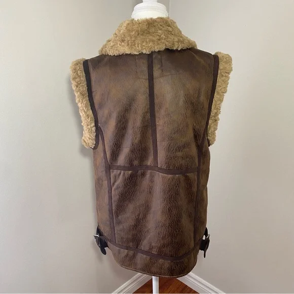 7 For All Mankind Brown Faux Leather Vest with Shearling Trim XS - Picture 8 of 14